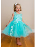 Illusion Neck Beaded Aqua Lace Tulle Flower Girl Dress